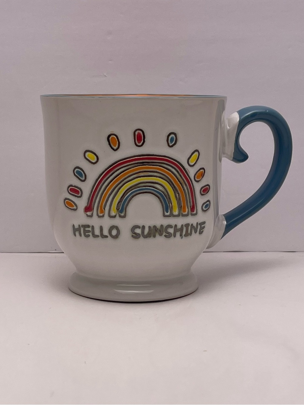 Spectrum Designz “Hello Sunshine” Rainbow Coffee Mug Cup Blue Handle 17 oz